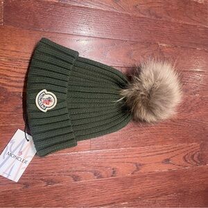 Moncler Green Beanie with Faux Fur Pom